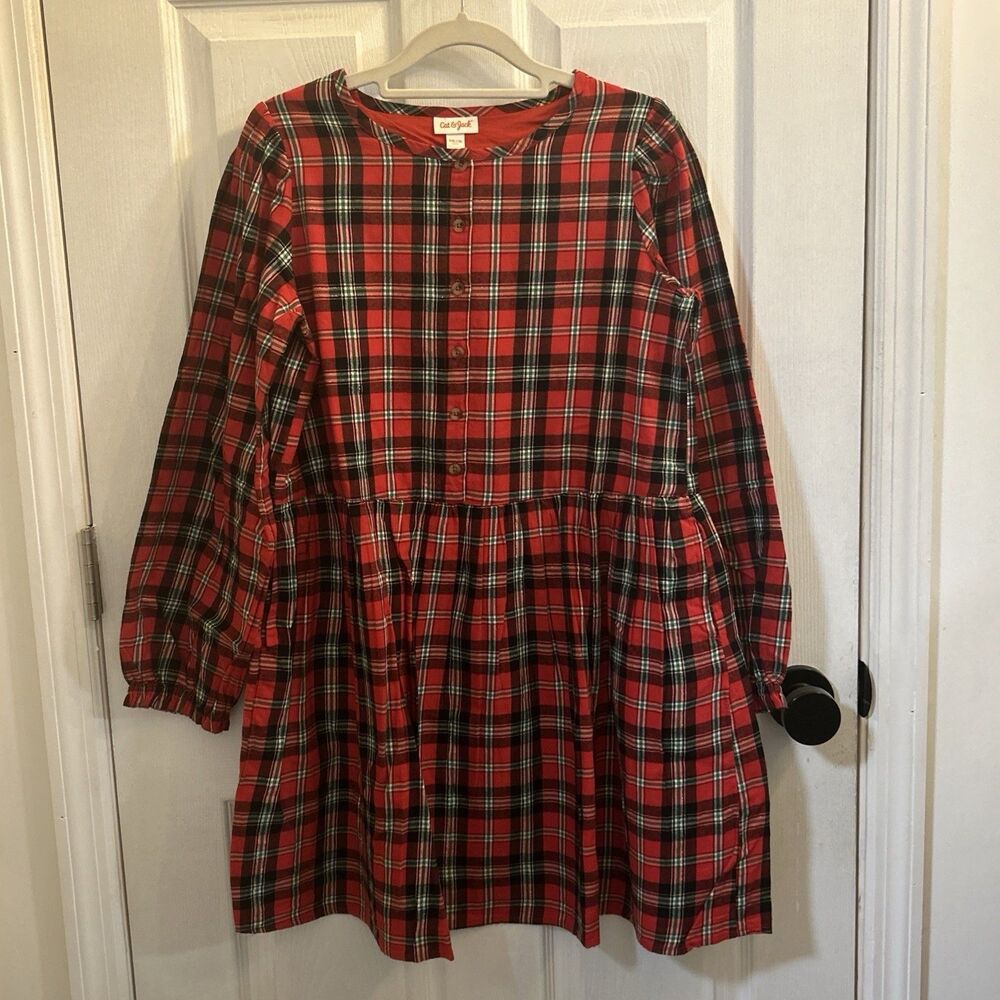 Cat & Jack Girls Red Plaid Long Sleeve Dress XXL 18 Cotton A-Line NWT